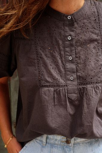 Embroidered Voile Blouse - Carbon