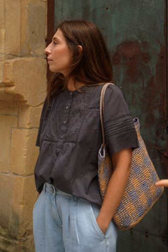 Embroidered Voile Blouse - Carbon