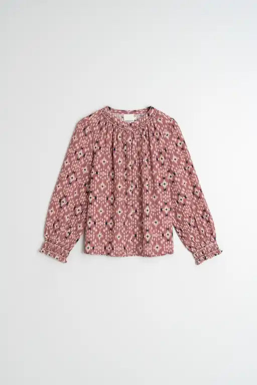 Smocked Front Print Blouse