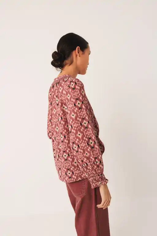 Smocked Front Print Blouse