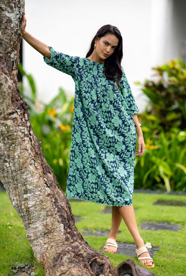 Fleur Smock Dress - Mint/Navy