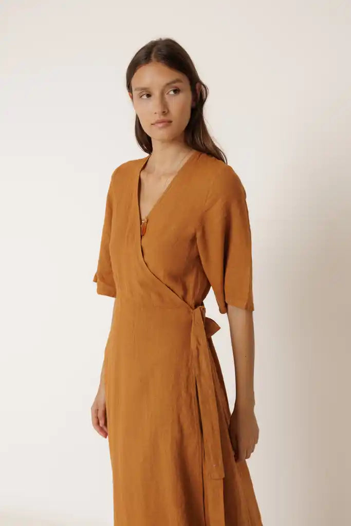Crossover Linen Dress - Oxido