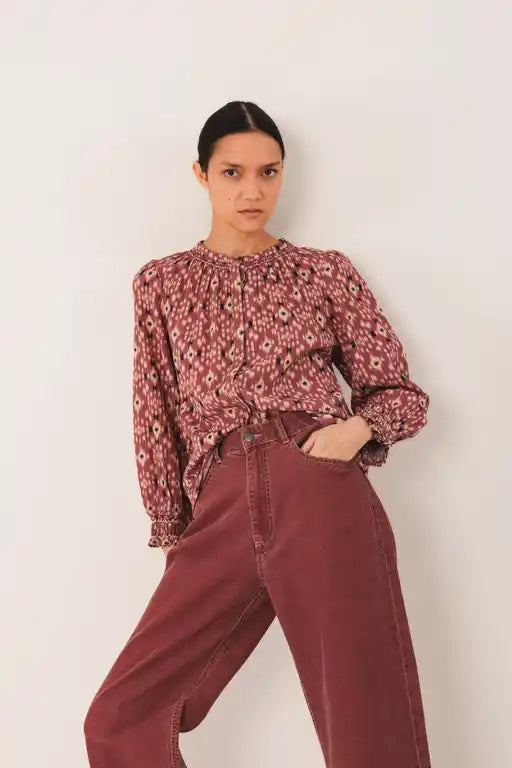 Smocked Front Print Blouse