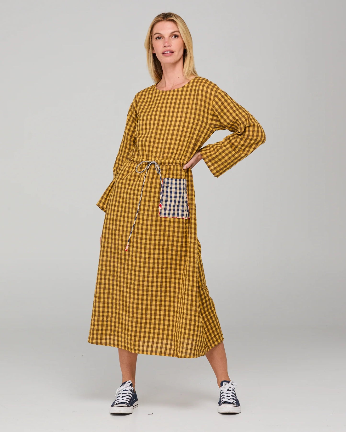 Amari Dress - Mustard Seersucker