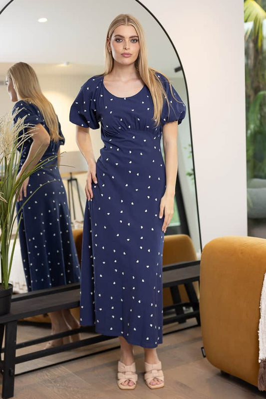 Harriet Midi Dress - Navy/White Hearts