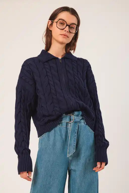 Cotton Cable Knit Jacket - Marino