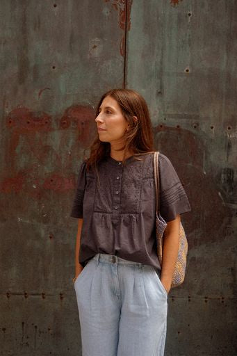 Embroidered Voile Blouse - Carbon