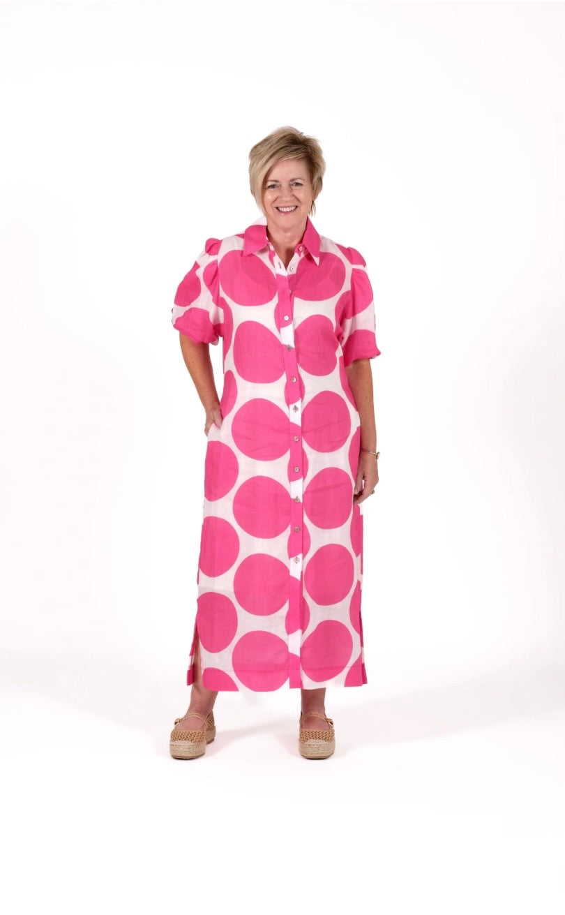 Long Shirt Dress -Pink Spot