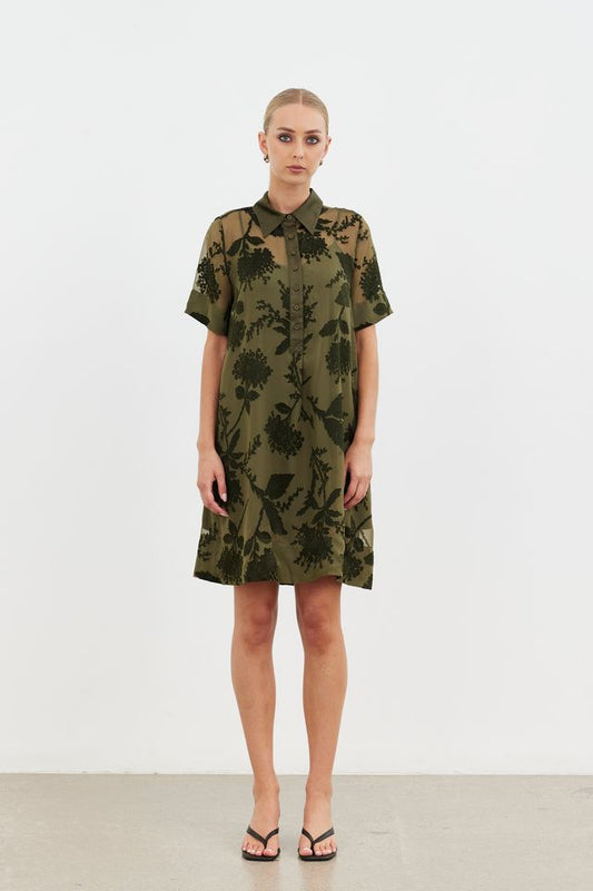 Echo Collar Dress - Olive Blossom