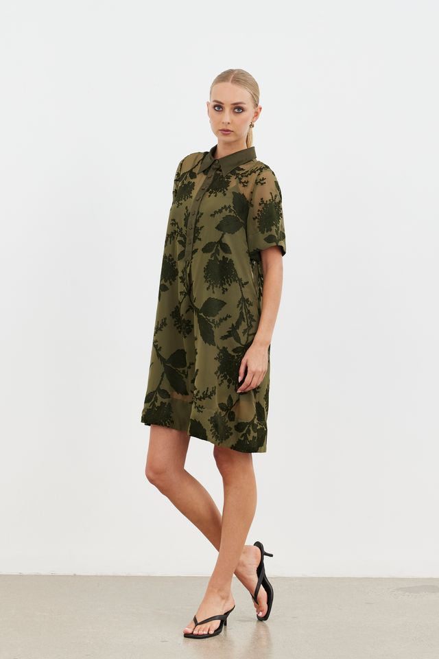 Echo Collar Dress - Olive Blossom