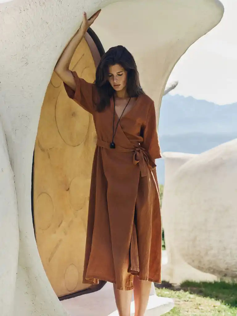 Crossover Linen Dress - Oxido