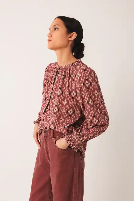 Smocked Front Print Blouse