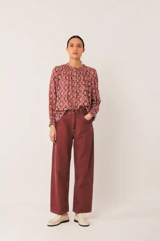 Smocked Front Print Blouse