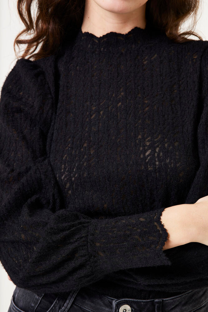 Puff Sleeve Textured Knit - Black