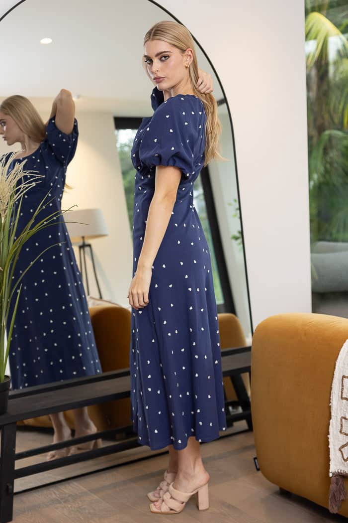 Harriet Midi Dress - Navy/White Hearts