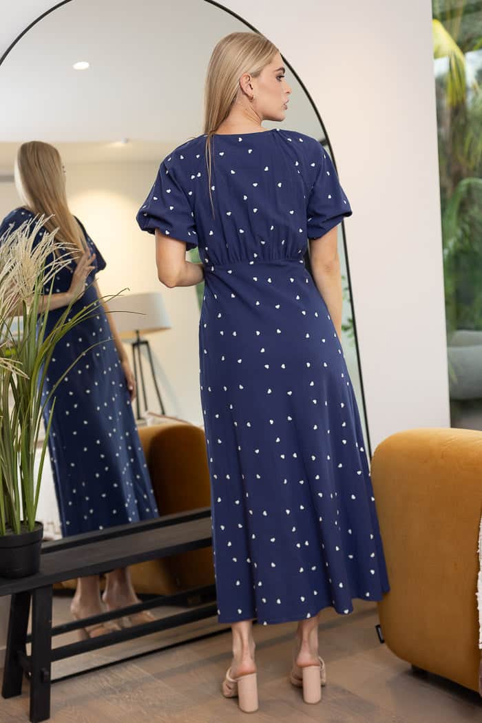 Harriet Midi Dress - Navy/White Hearts