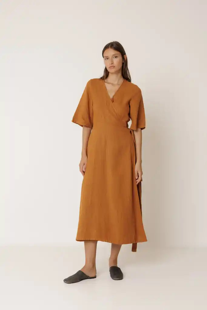 Crossover Linen Dress - Oxido