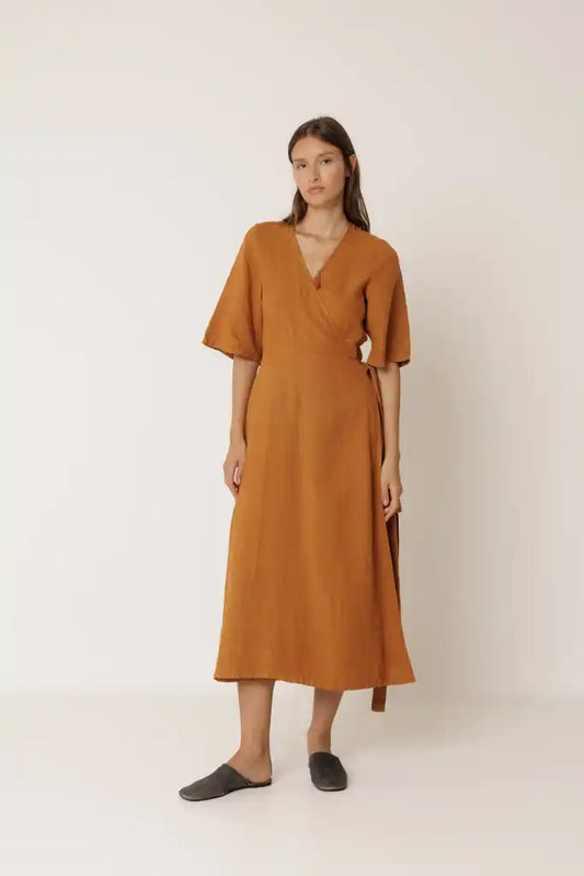 Crossover Linen Dress - Oxido
