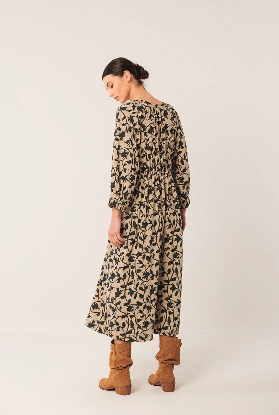 V Neck Dress - Beige Print
