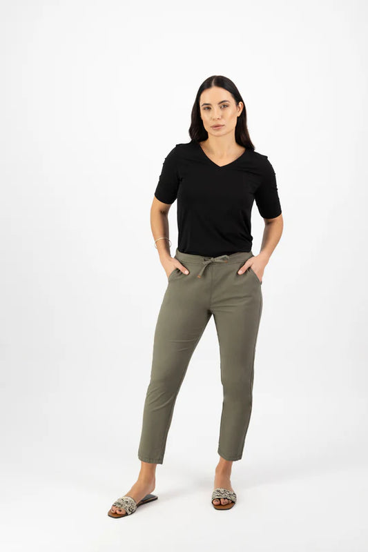 7/8 Length Skinny Leg Elastic Waist Pant - Army