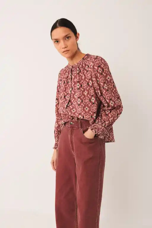 Smocked Front Print Blouse